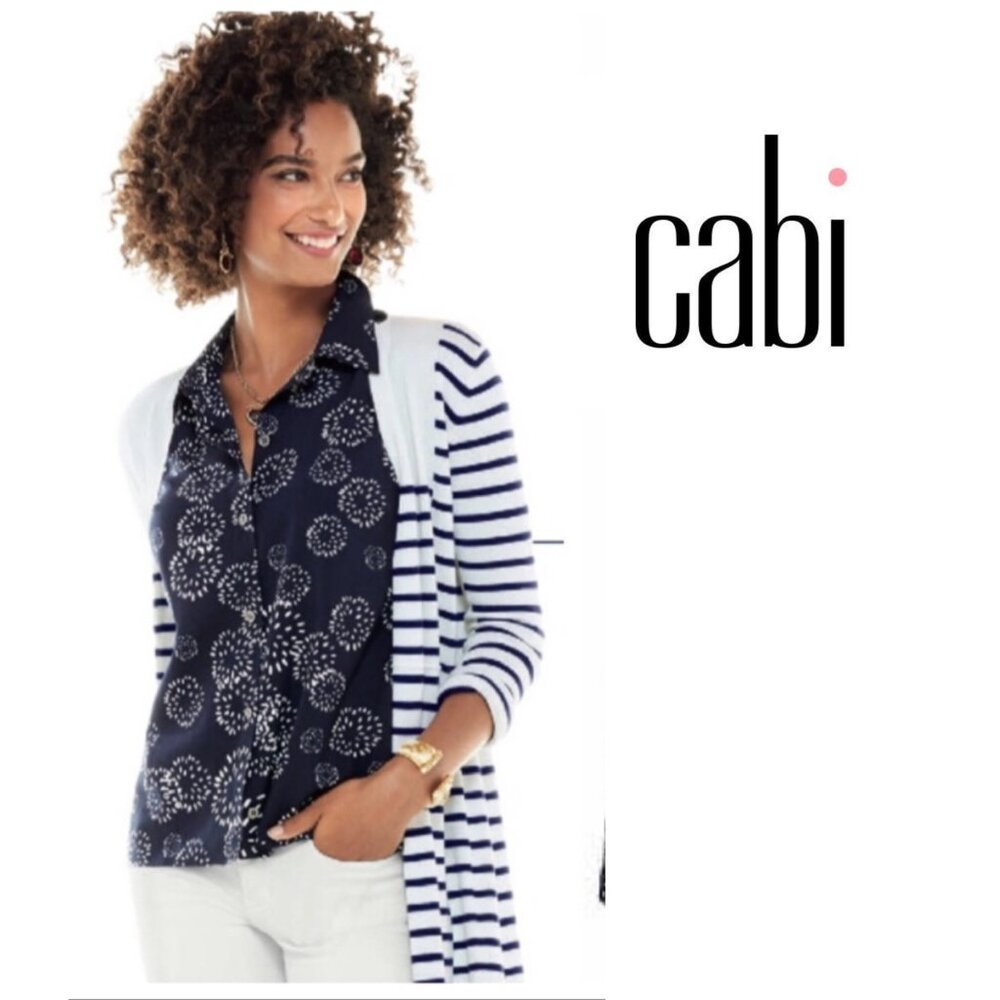 Cabi Floral Top XS Blue White Dandelion Wish Button Tank Blouse Sleeveless 5215